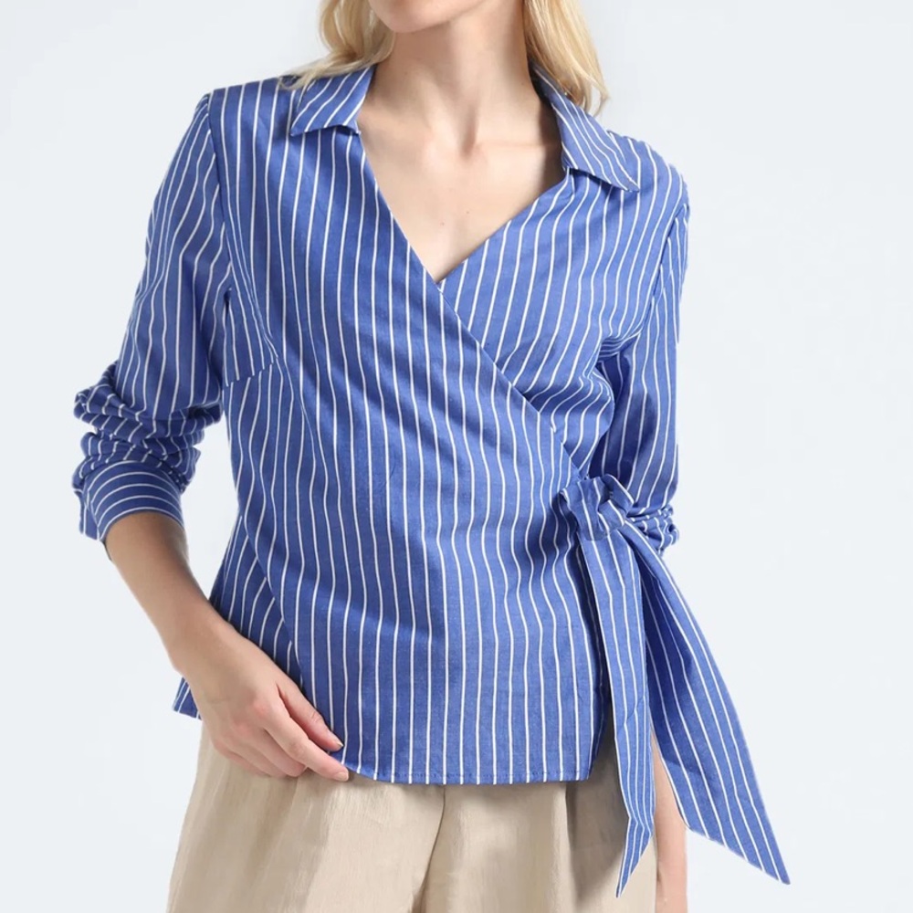 Tommy Hilfiger Vertical Stripe Cotton Wrap Top Blue White